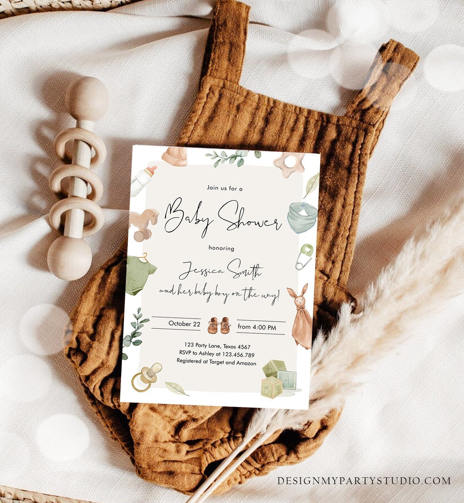 Editable Boy Baby Shower Invitation Boho Baby Shower Invitation Coed Shower Baby Clothes Rustic Download Printable Template Corjl 0470