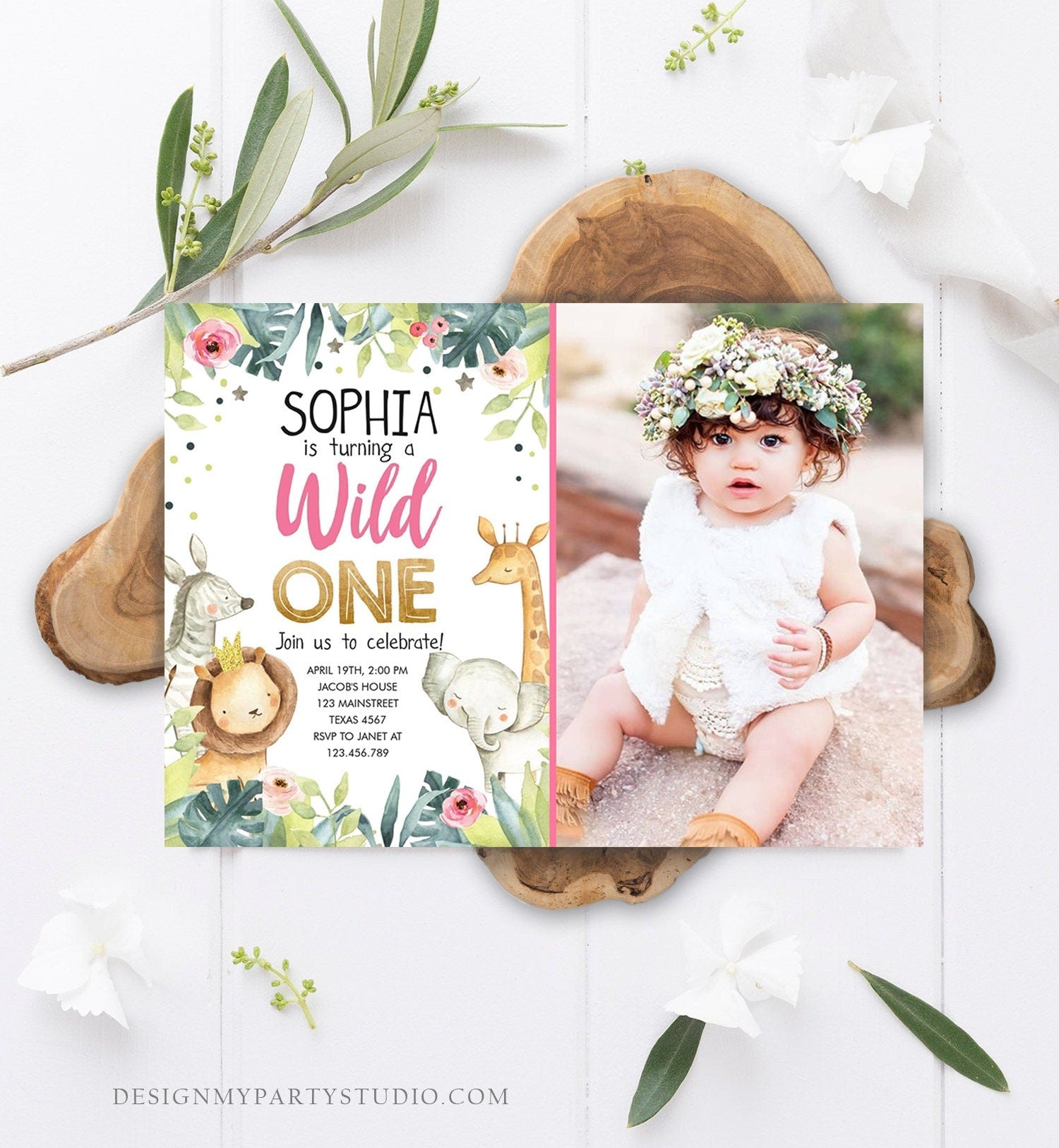 Editable Wild One Birthday Invitation First 1st Girl Party Jungle Safari Animals Pink Gold Download Printable Template Editable Corjl 0163