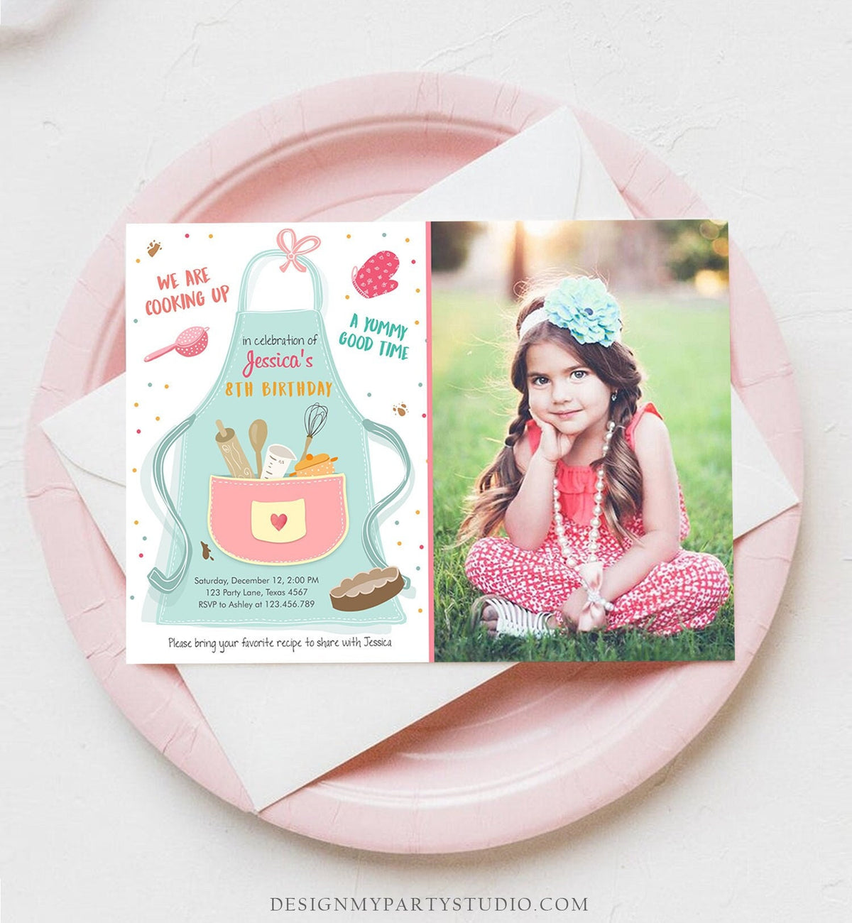 Editable Kids Kitchen Cooking Birthday Invitation Pink Girl Chef Baking Party Cakes Pies Cupcakes Download Printable Corjl Template 0219