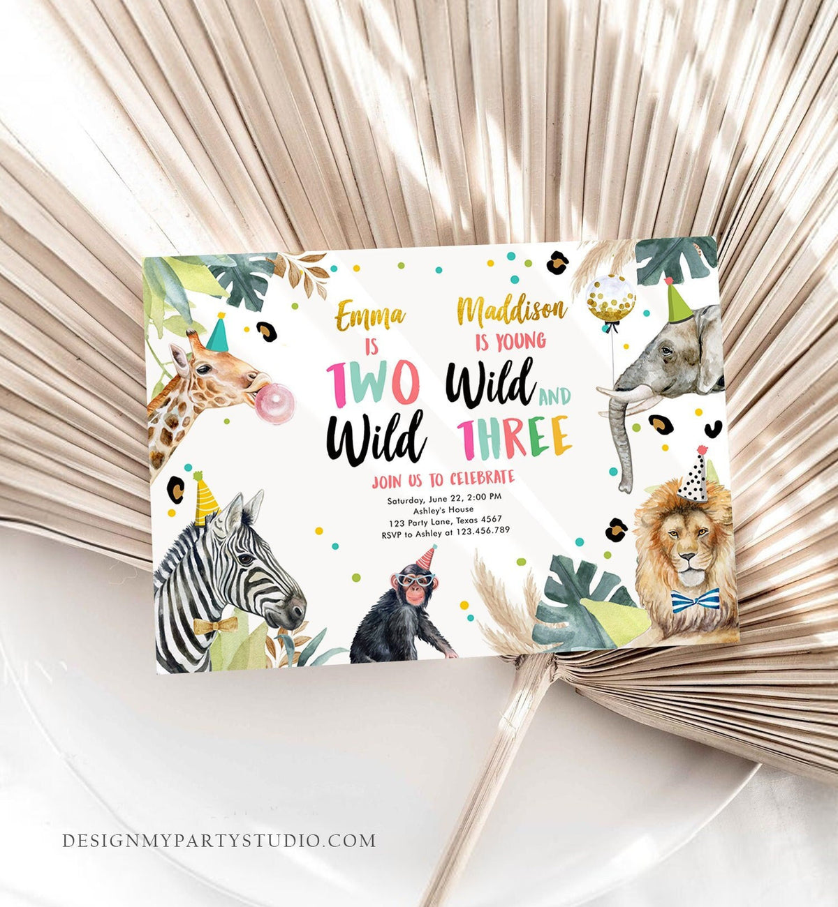 Editable Two Wild Young Wild and Three Invitation Girl Pink and Gold Safari Animals Zoo Joint Coed Digital Corjl Template Printable 0417