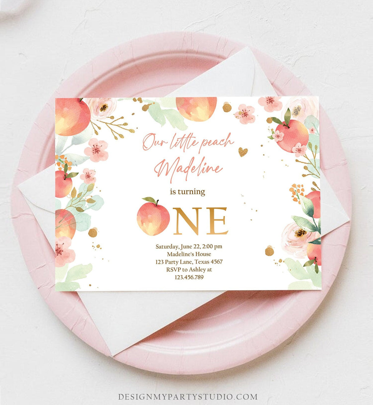 Editable Little Peach Birthday Invitation First Birthday Floral Gold Girl Peach 1st Peaches Download Printable Template Corjl Digital 0401