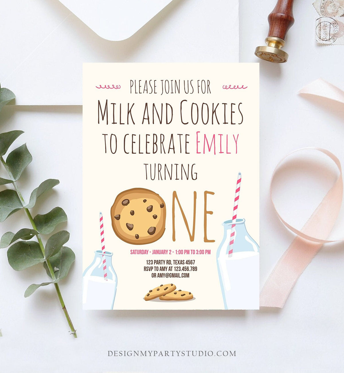 Editable Milk and Cookies Birthday Invitation Milk &amp; Cookies Party Girl Birthday Pink First Birthday Printable Invite Template Corjl 0088