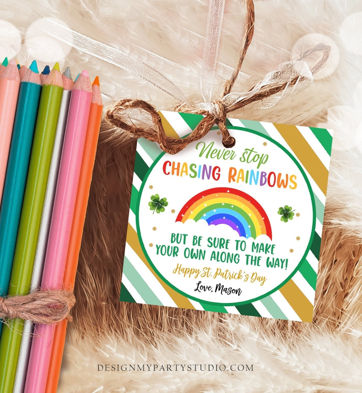 Editable Chasing Rainbows Tag St Patrick&#39;s Day Favor Tags Glassroom Gift Kids Crayons Pot of Gold Shamrock Leprechaun Template Corjl 0451