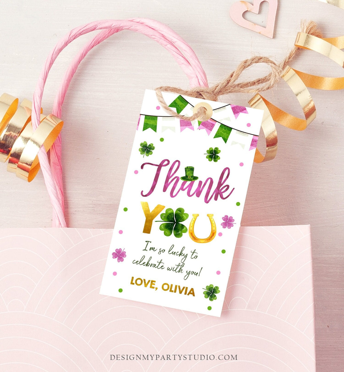 Editable St Patrick&#39;s Day Thank You Favor Tag Lucky One Horseshoe Girl Pink Gold Clover Shamrock Birthday Party Corjl Template 0451 0379