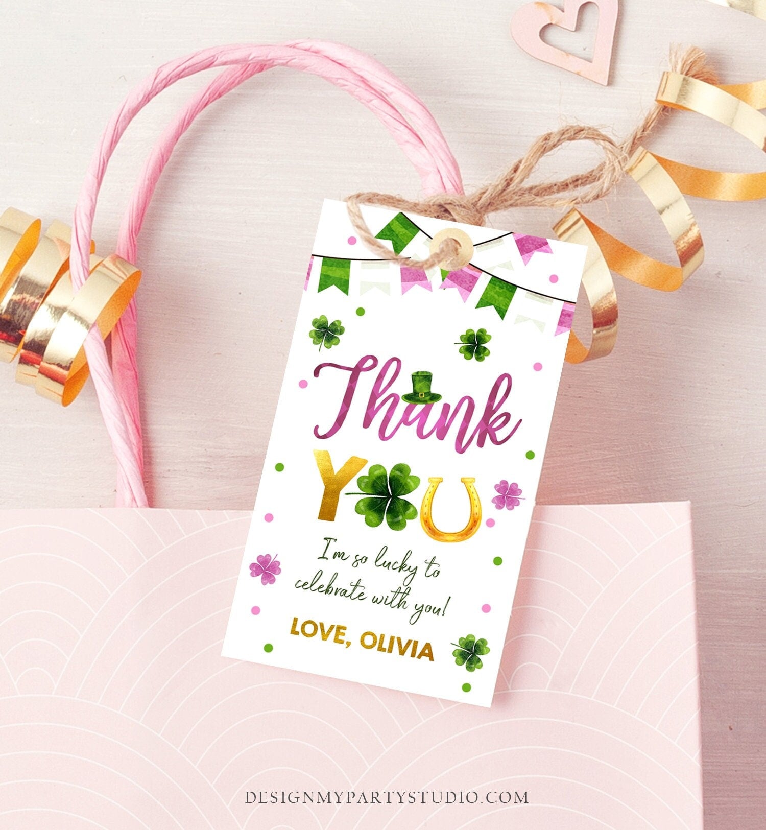 Editable St Patrick's Day Thank You Favor Tag Lucky One Horseshoe Girl Pink Gold Clover Shamrock Birthday Party Corjl Template 0451 0379