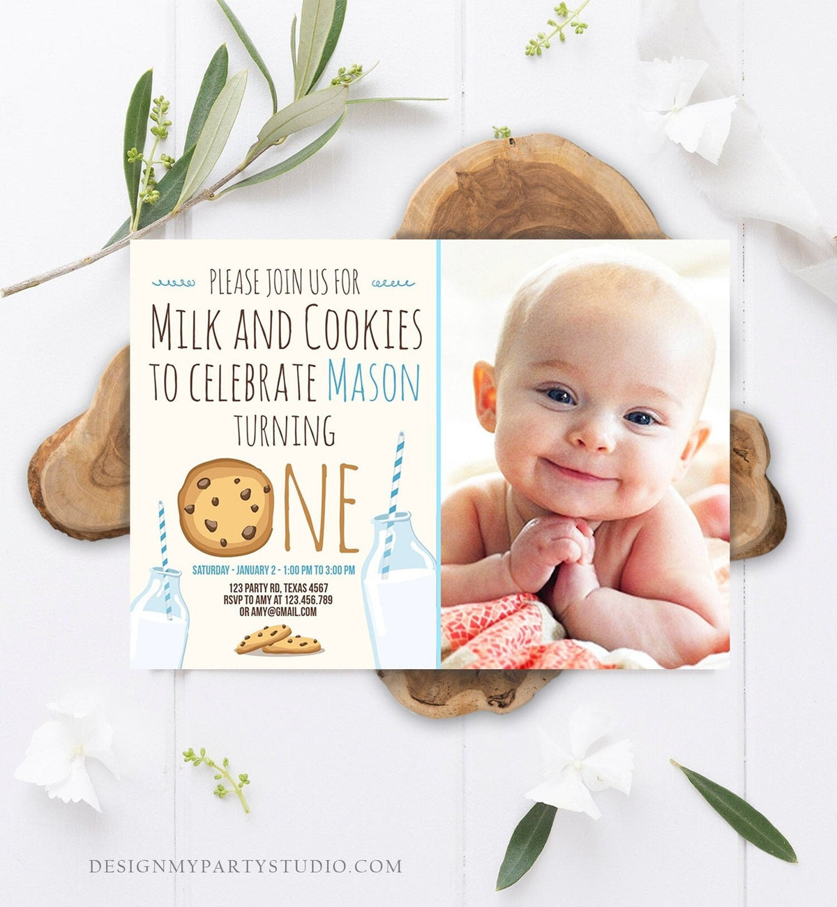 Editable Milk and Cookies Birthday Invitation Milk &amp; Cookies Party Boy Birthday Blue First Birthday Printable Invitation Template Corjl 0088