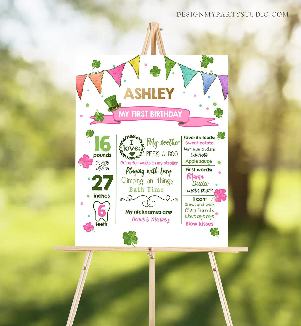 Editable St Patricks Day Milestones Sign Lucky 1st Birthday Sign Shamrock 1st Birthday Gold Green Clover White Template Printable Corjl 0115