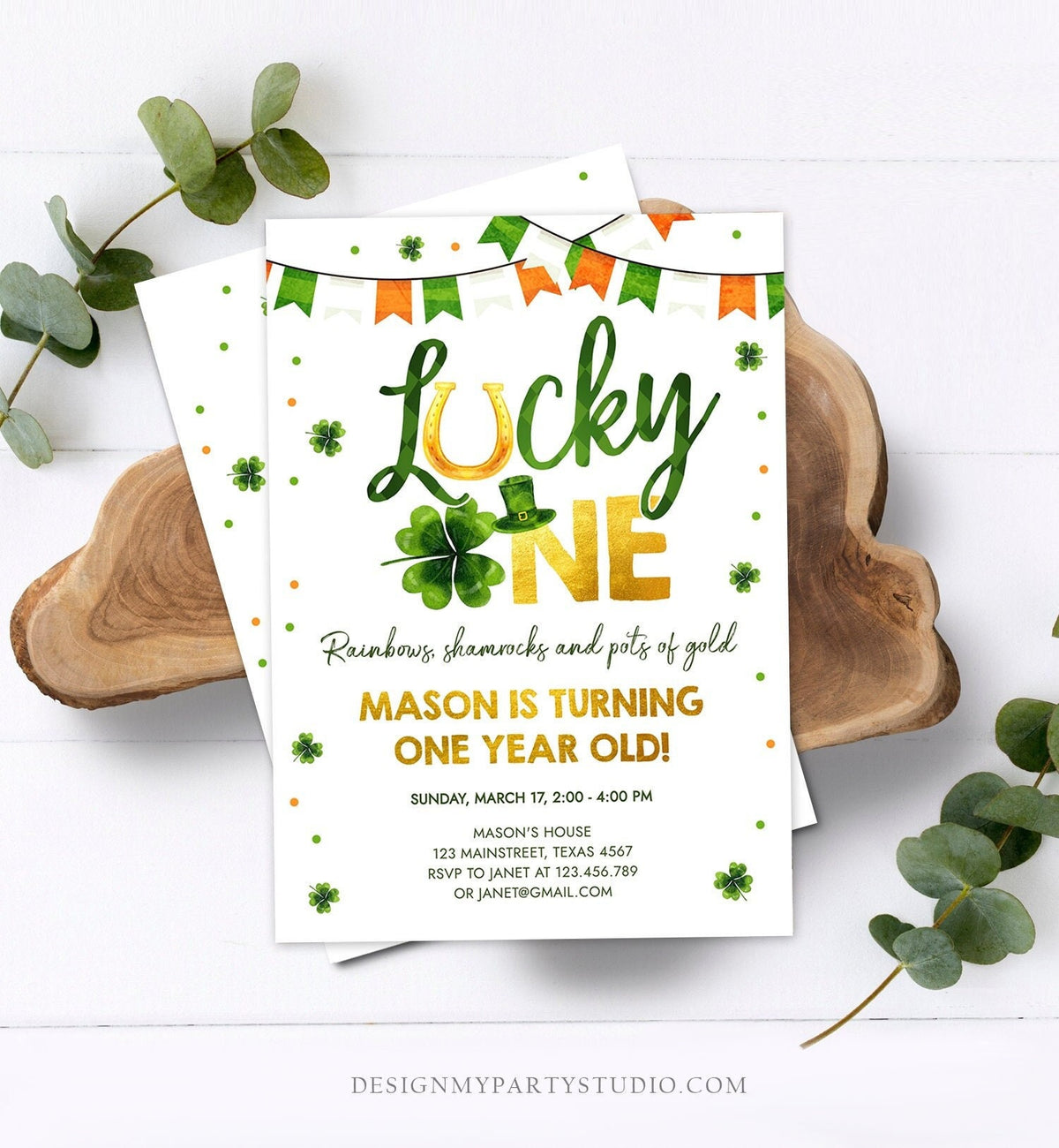 Editable Lucky One Birthday Invitation St. Patrick&#39;s Day First Birthday 1st Boy Shamrock Clover Download Corjl Template Printable 0379