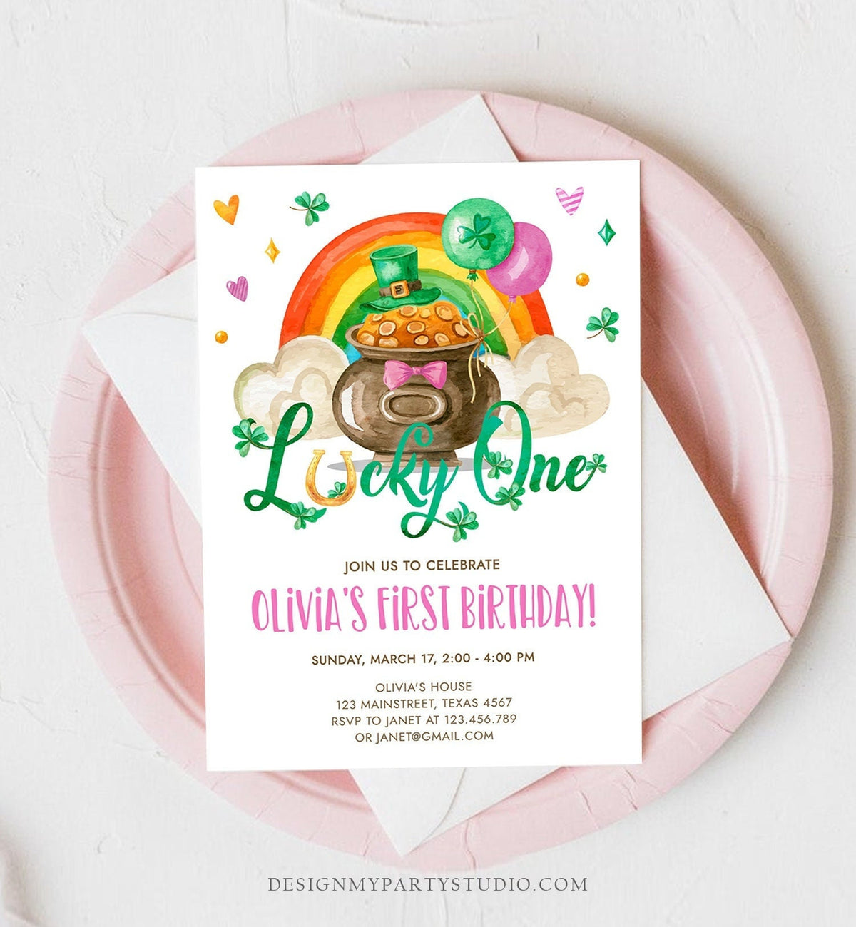 Editable Lucky One Birthday Invitation St. Patrick&#39;s Day First Birthday 1st Girl Pink Shamrock Clover Download Corjl Template Printable 0380