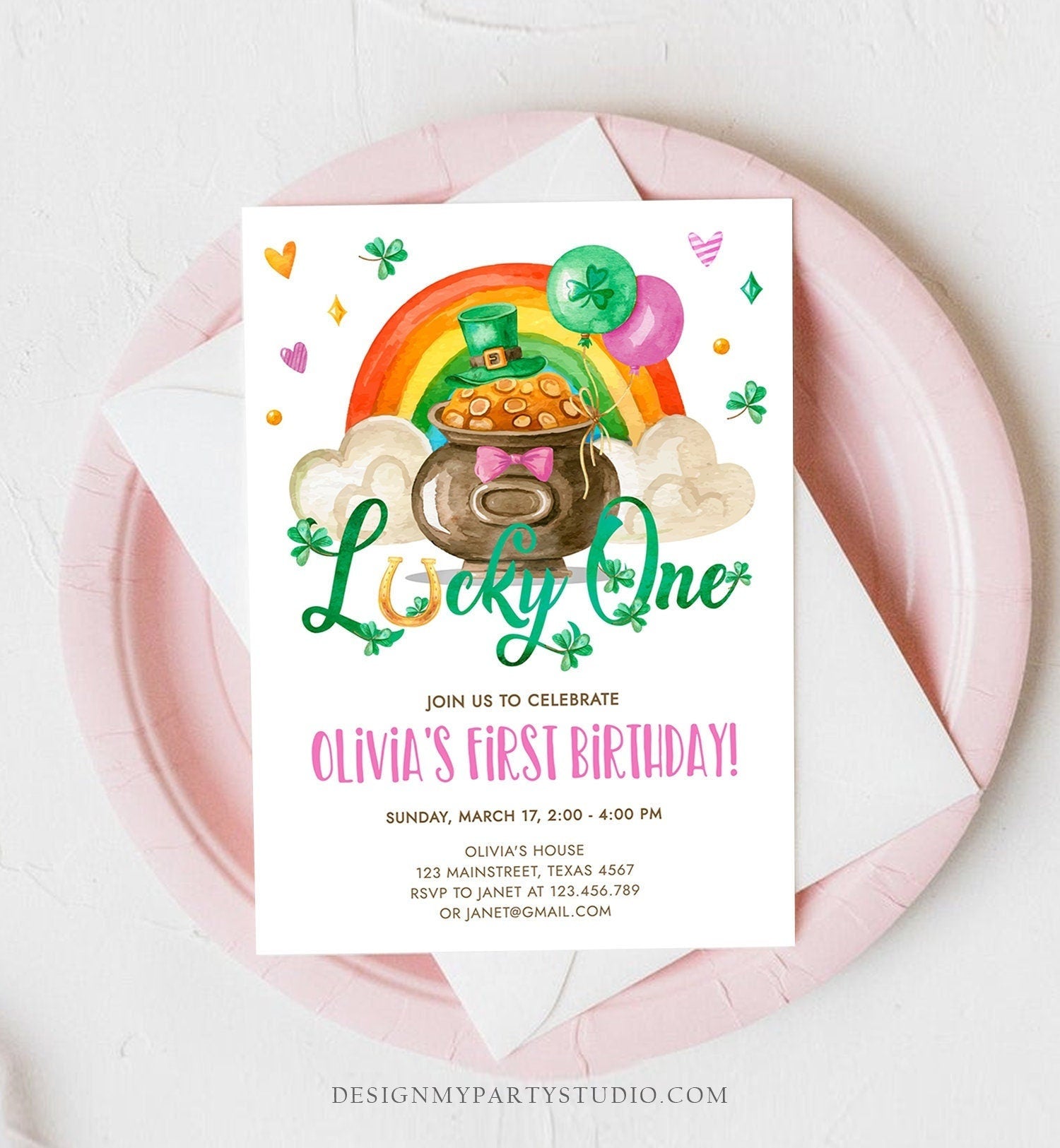 Editable Lucky One Birthday Invitation St. Patrick's Day First Birthday 1st Girl Pink Shamrock Clover Download Corjl Template Printable 0380