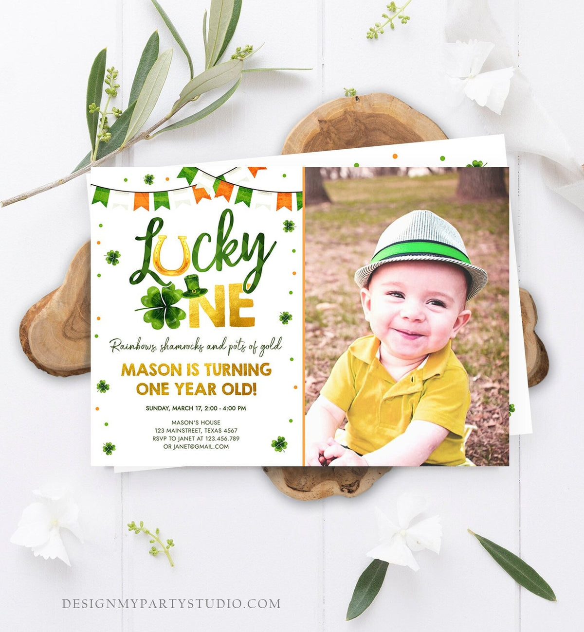 Editable Lucky One Birthday Invitation St. Patrick&#39;s Day First Birthday 1st Boy Shamrock Clover Download Corjl Template Printable 0379