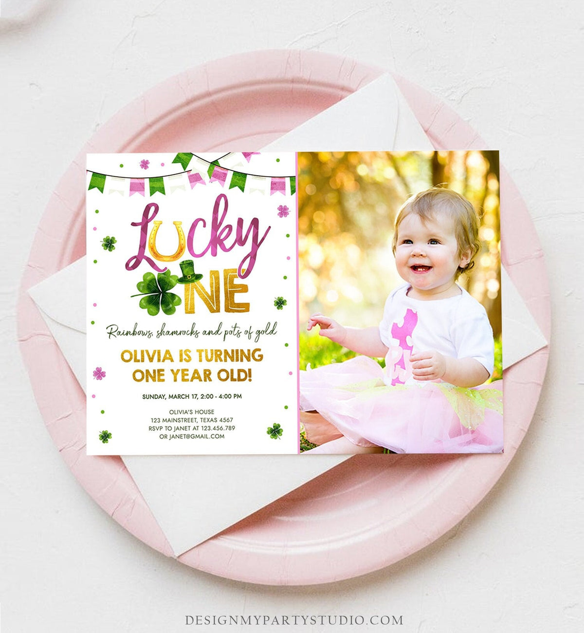 Editable Lucky One Birthday Invitation St. Patrick&#39;s Day First Birthday 1st Girl Pink Shamrock Clover Download Corjl Template Printable 0379