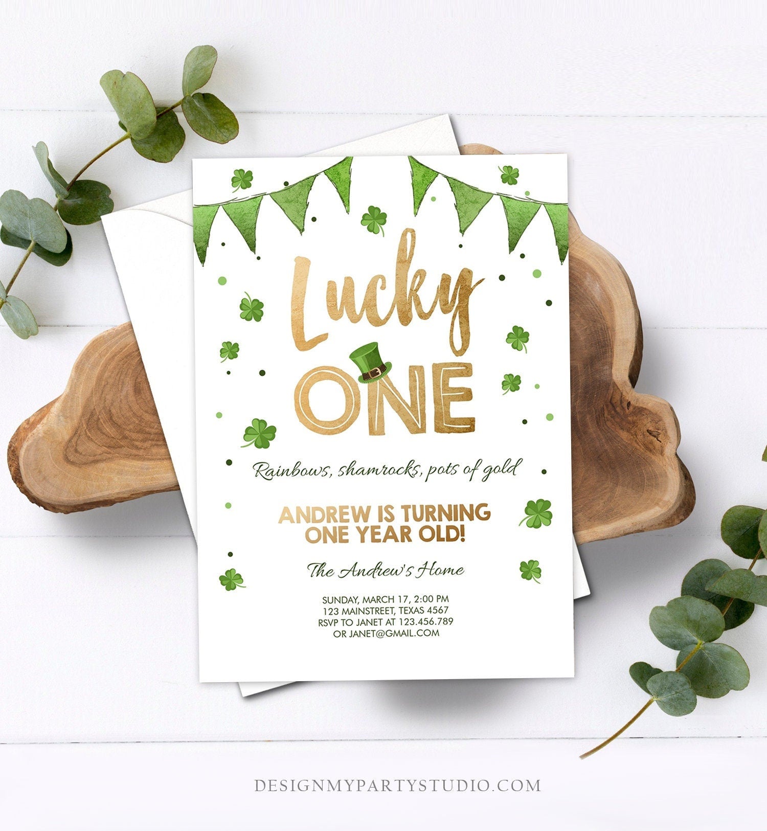 Editable St. Patrick's Day Birthday Invitation Shamrock Clover St Patricks day Birthday Lucky One Printable Invite Template Corjl 0115