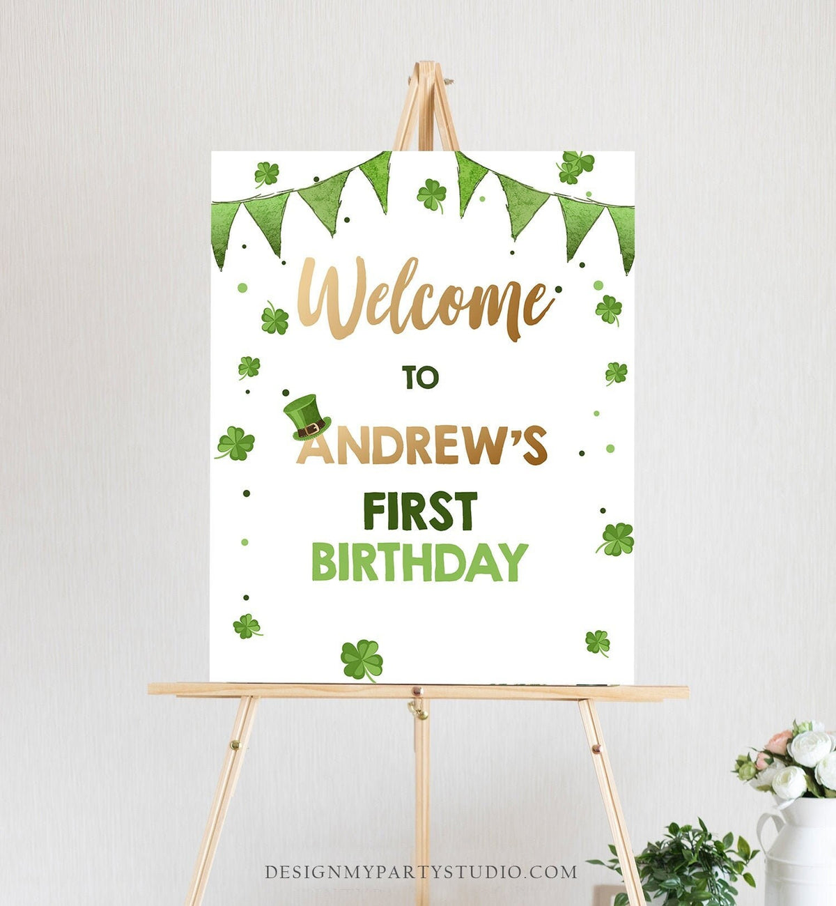 Editable St. Patrick&#39;s Day Welcome Sign Boy Green Gold Lucky 1st Birthday Shamrock St Patricks Day Download Corjl Template PRINTABLE 0115