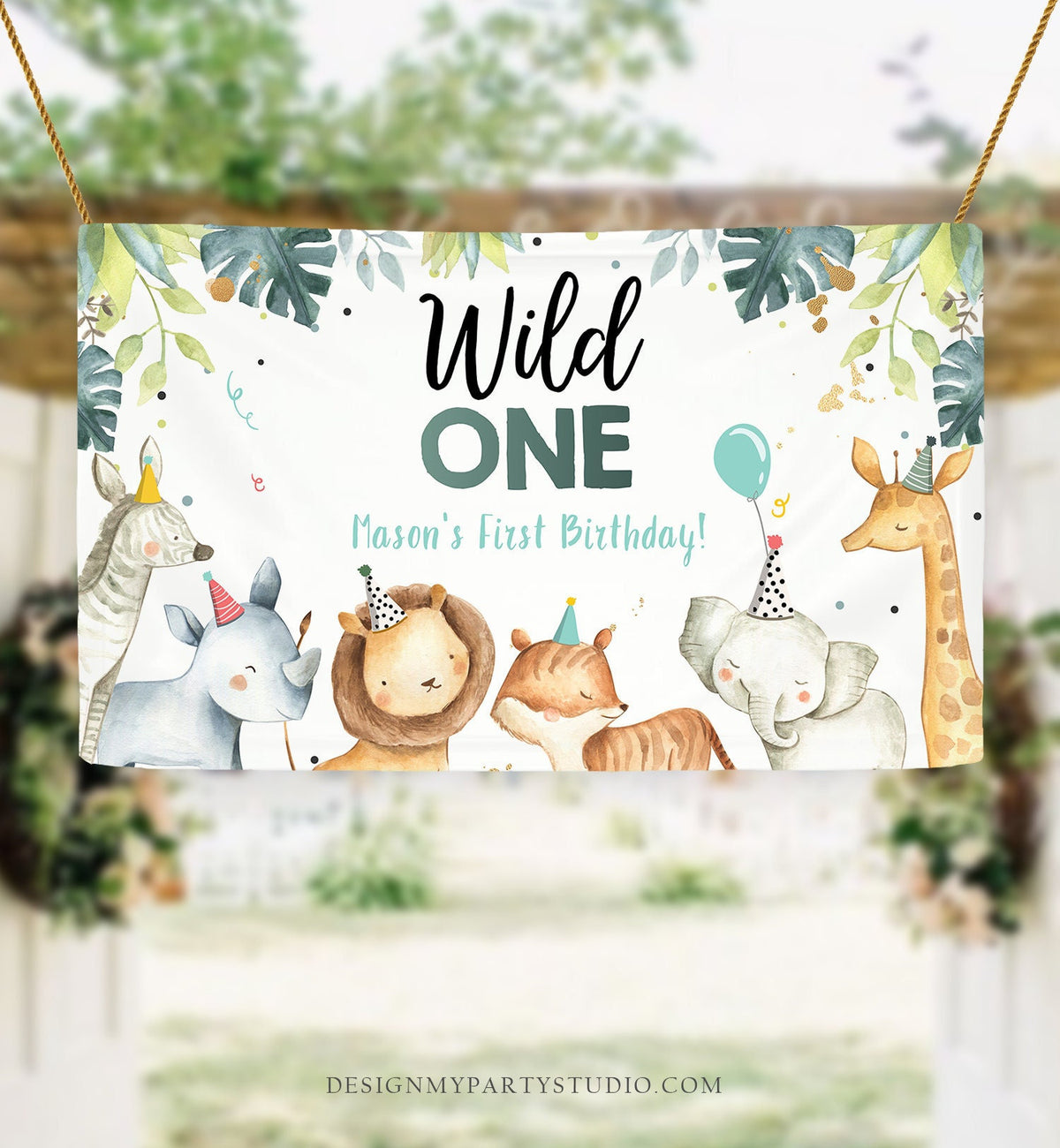 Editable Party Animals Birthday Backdrop Banner Safari Animals Boy Wild One 1st Birthday Welcome Sign Download Corjl Template Printable 0163