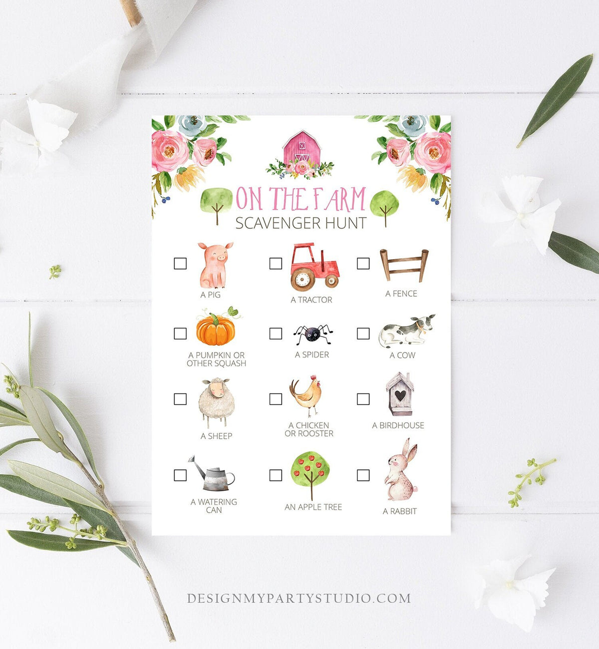 Editable Farm Scavenger Hunt Checklist Game Party Girl Pink Farm Birthday Barnyard Party Nature Download Corjl Template Printable 0155