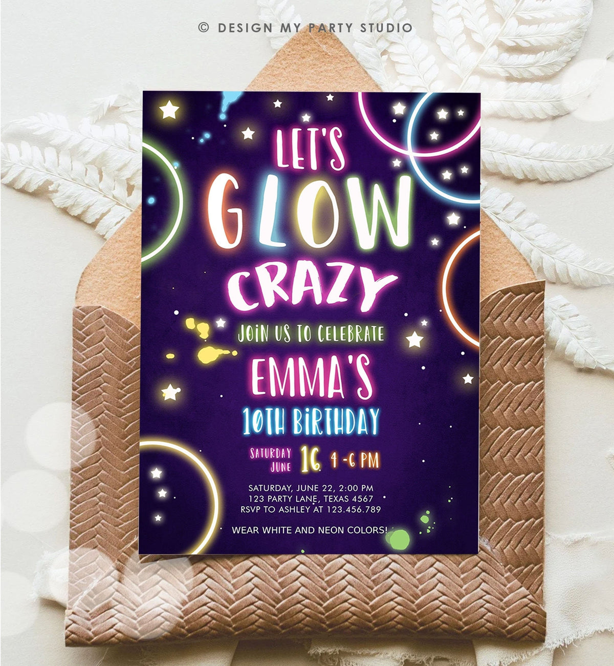 Editable Let&amp;#39;s Glow Crazy Birthday Invitation Glow Party Neon Glow In The Dark Party Girls Teen Pink Download Template Corjl Printable 0172