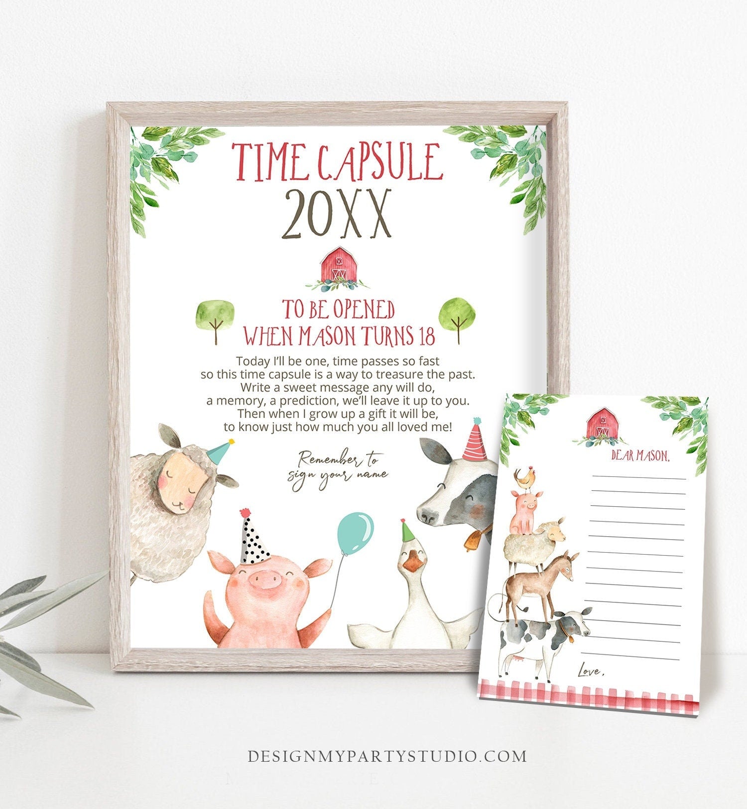 Editable Farm Animals Birthday Time Capsule First Birthday Party party Animals Barnyard Boy Birthday Red Template Printable Corjl 0155