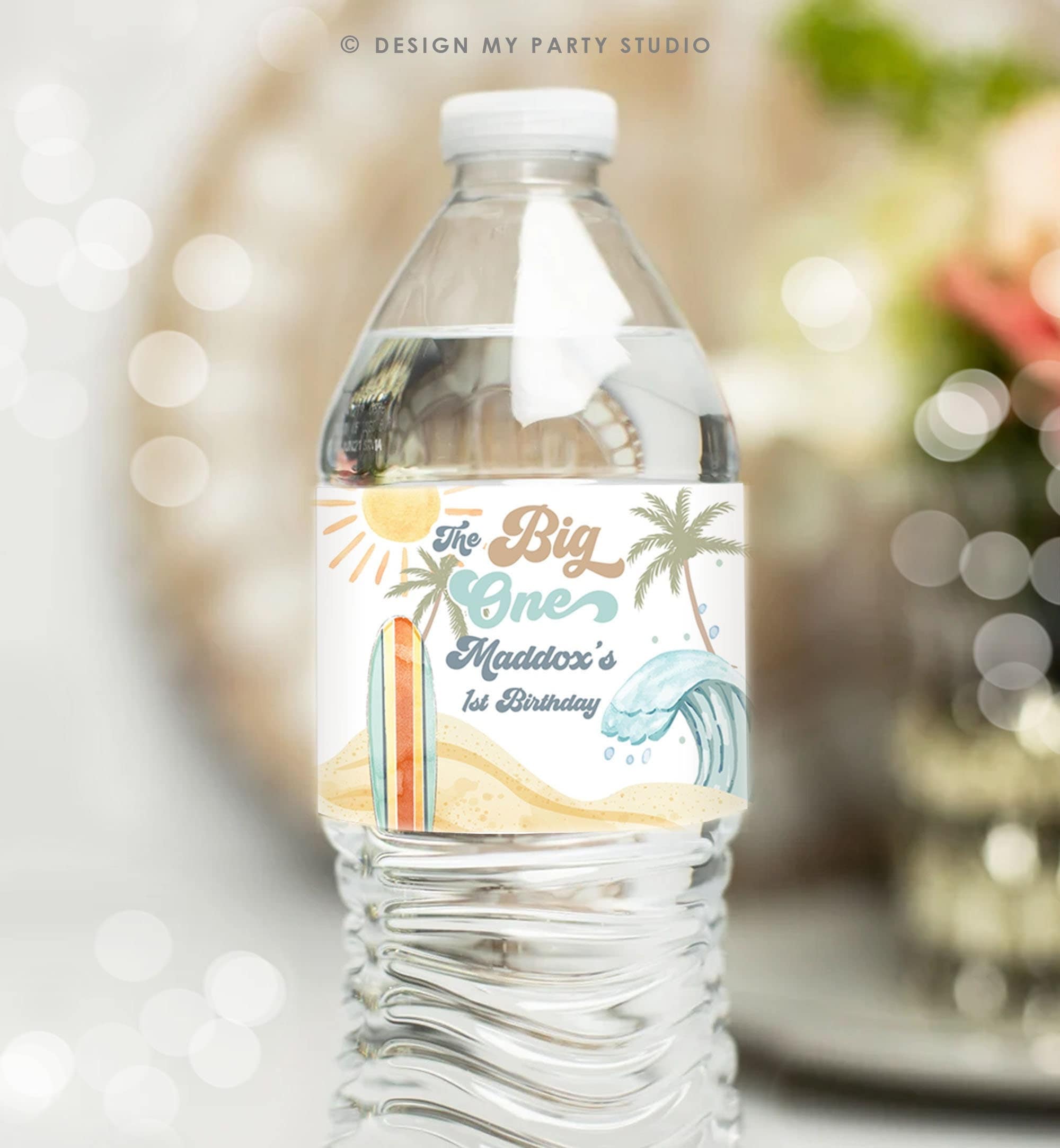 Editable Surf Water Bottle Labels The Big One Party Decor Surf 1st Birthday Retro Boy Surfboard Labels Download Template Printable 0433