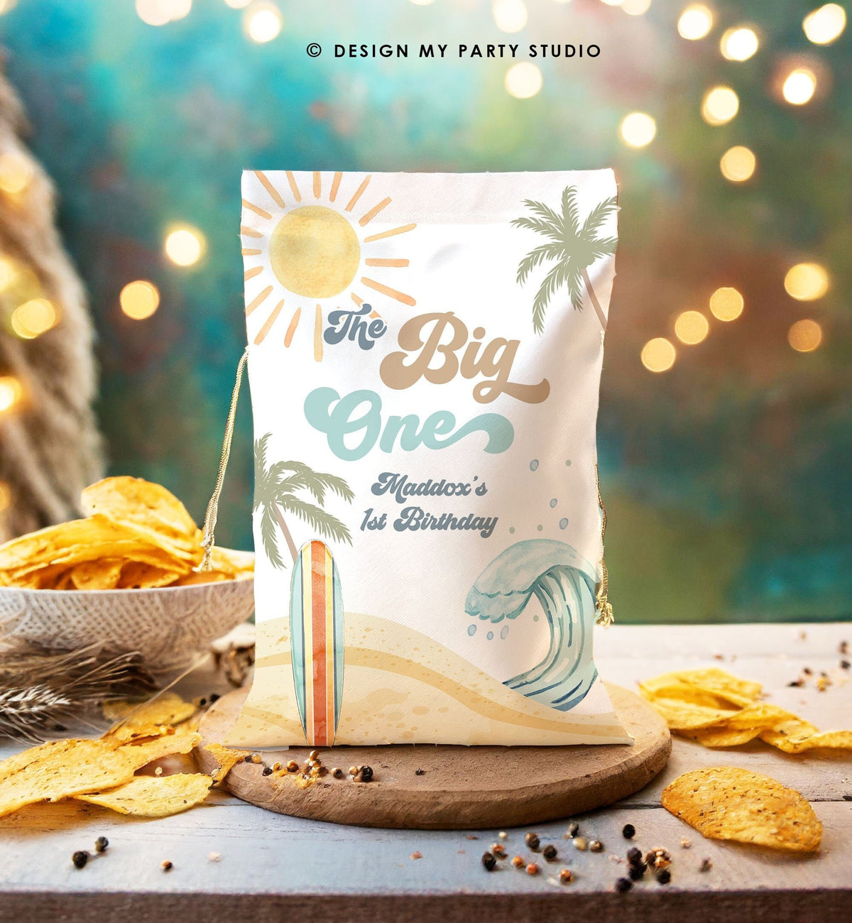 Editable Surf Party Chip Bag The Big One First Birthday Boy Surfing Surfboard Retro Beach Party Favors Digital Corjl Template 0433