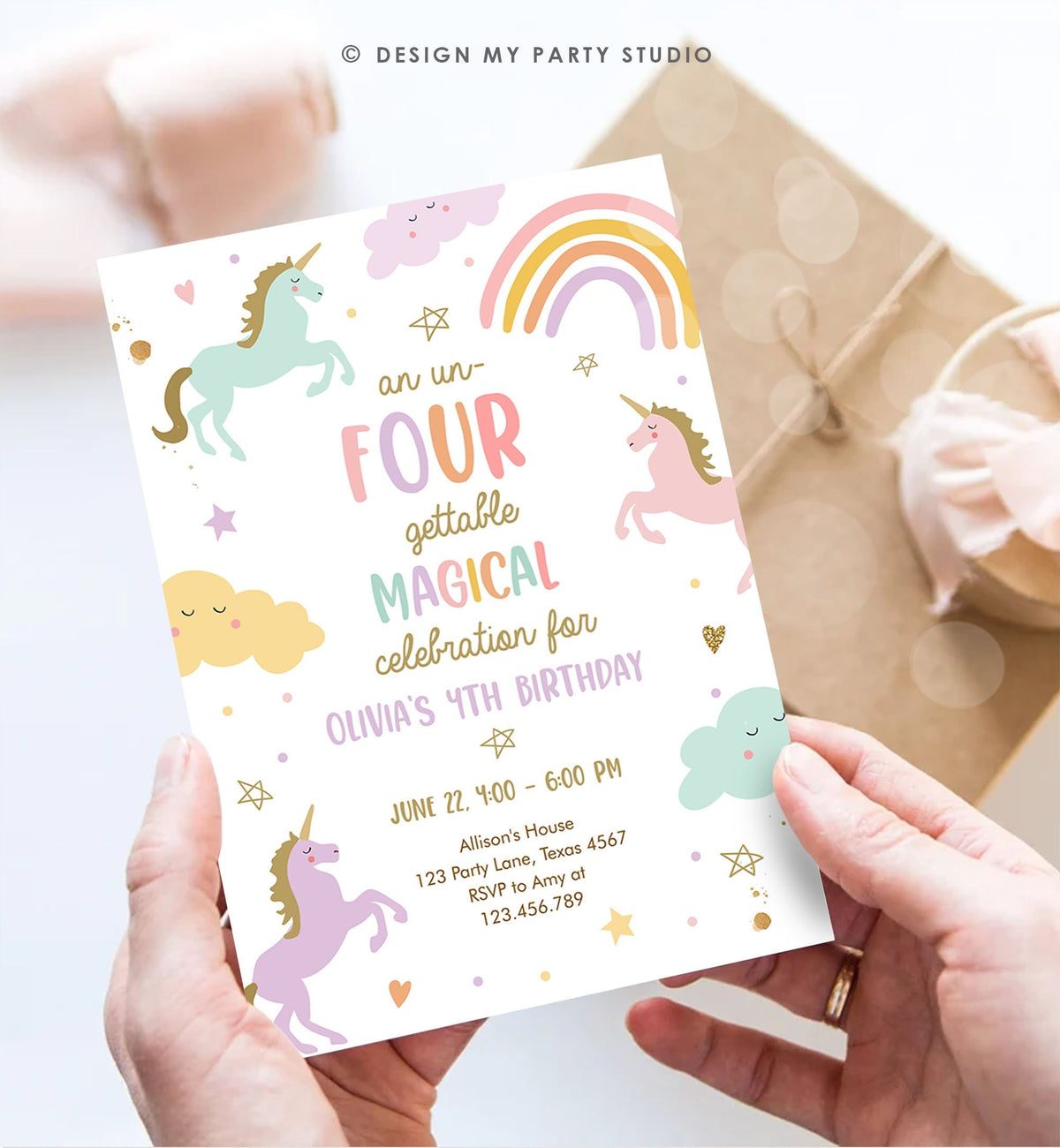 Editable Unicorn 4th Birthday Invitation Un Four Gettable Party Invite Girl Pastel Fourth Birthday Template Rainbow Download Corjl 0426