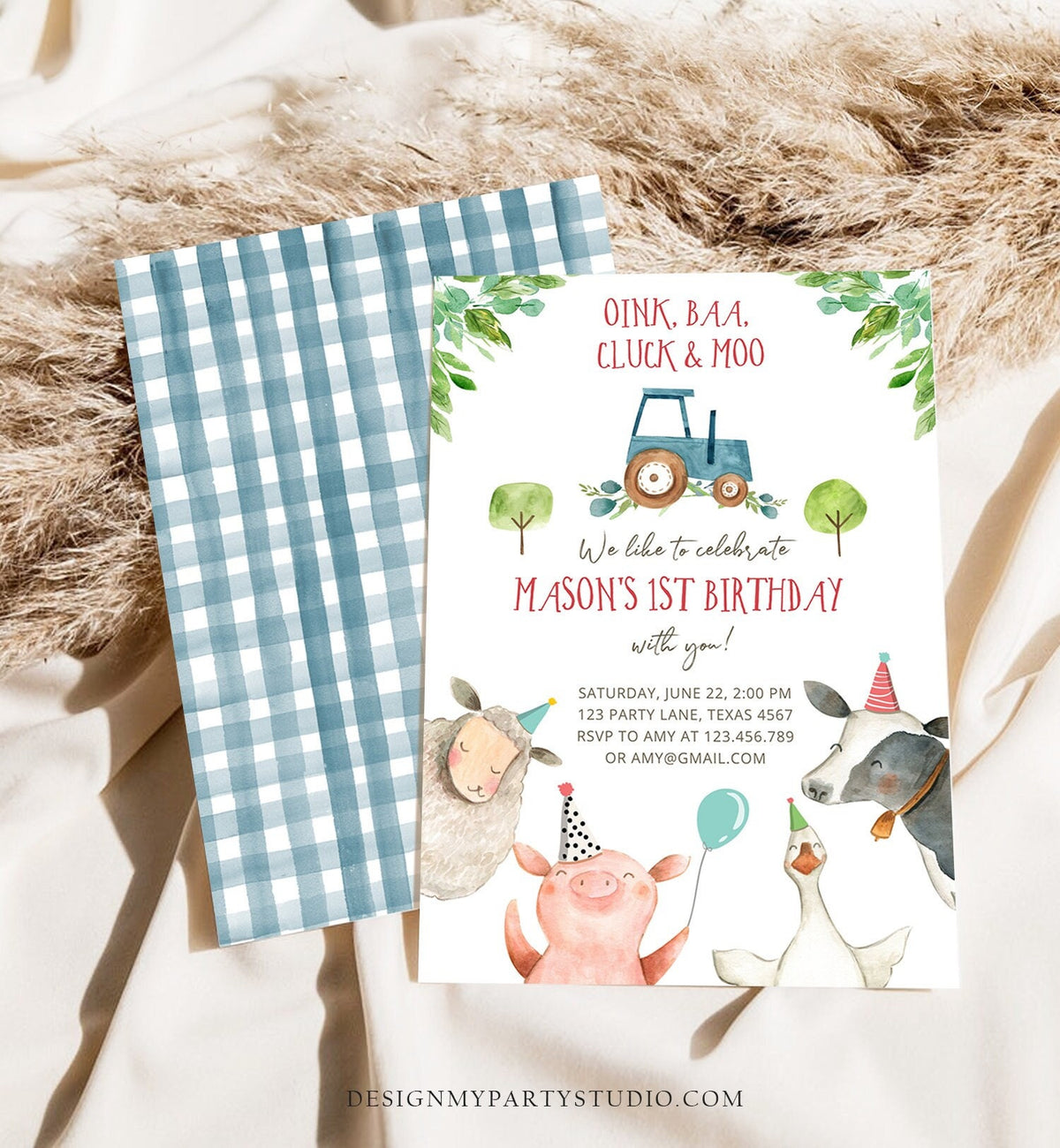 Editable Farm Birthday Invitation Boy Farm Animals Blue Tractor Barnyard Barn Birthday Party Animals Digital Corjl Template Printable 0155