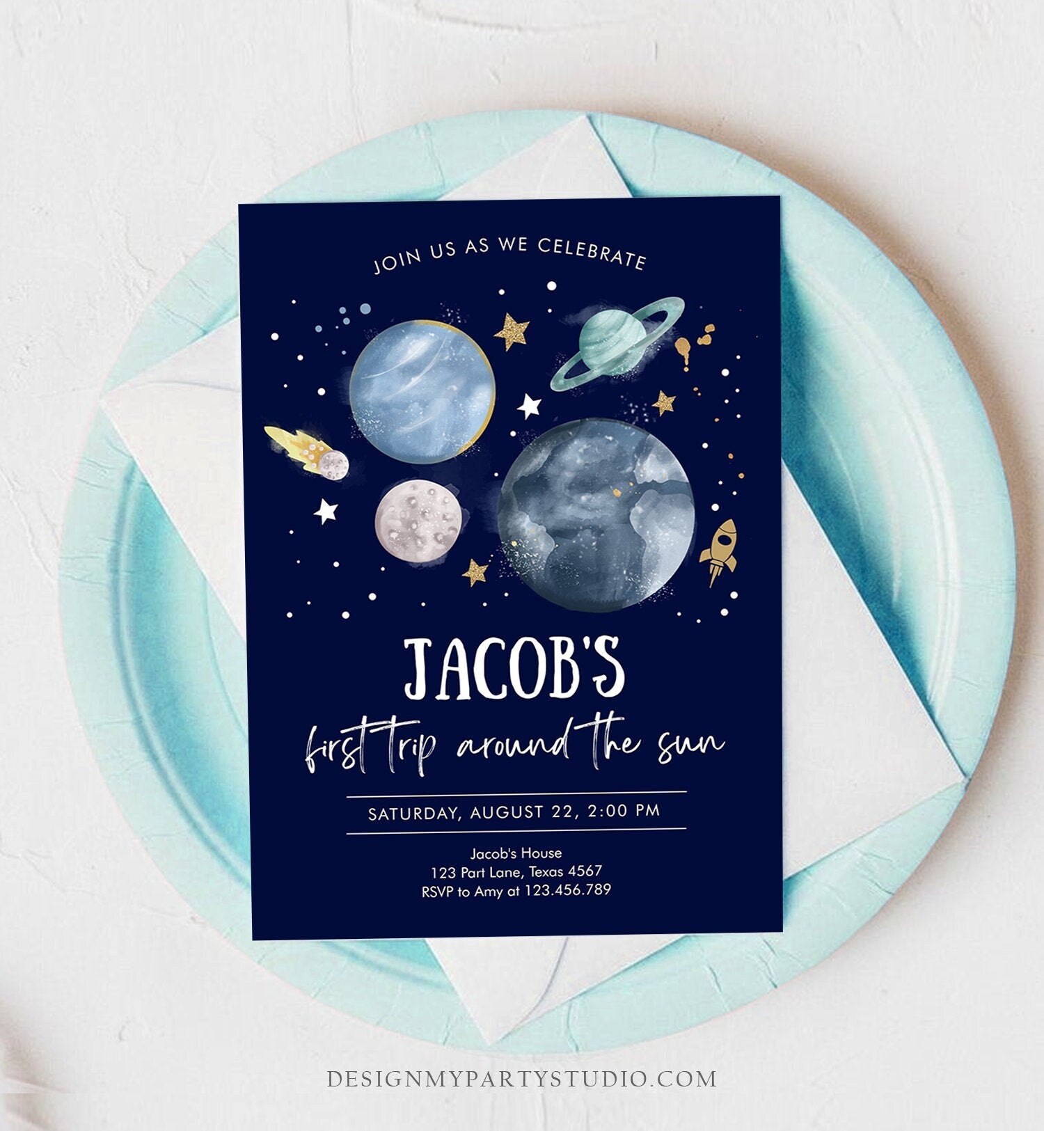 Editable Outer Space First Birthday Invitation Galaxy Blast Off First Trip Around the Sun Download Printable Template Digital Corjl 0357