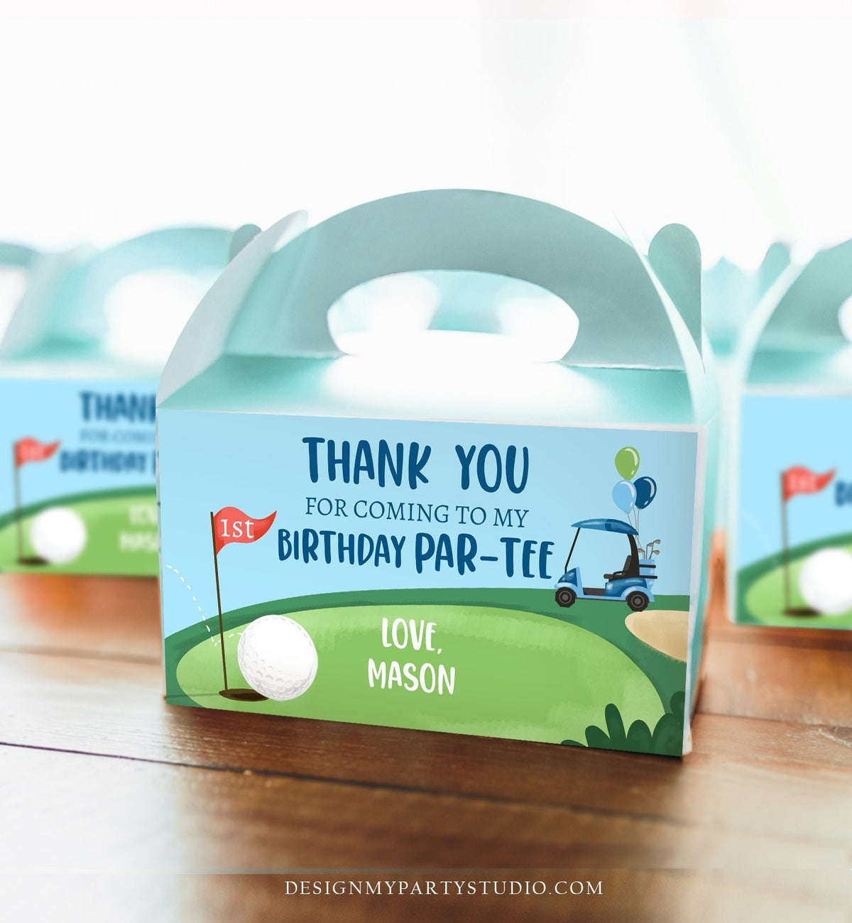 Editable Hole in One Birthday Party Gable Box Favor Label Golf Gift Box Labels Par-tee Boy Golfing 1st Blue Download Printable Corjl 0405