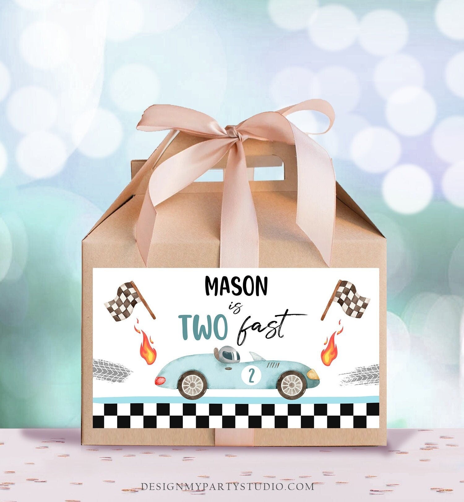 Editable Two Fast Gable Box Favor Label Race Car Birthday Favor Box Label Boy Racing Growing Up Two Fast Download Printable Corjl 0424