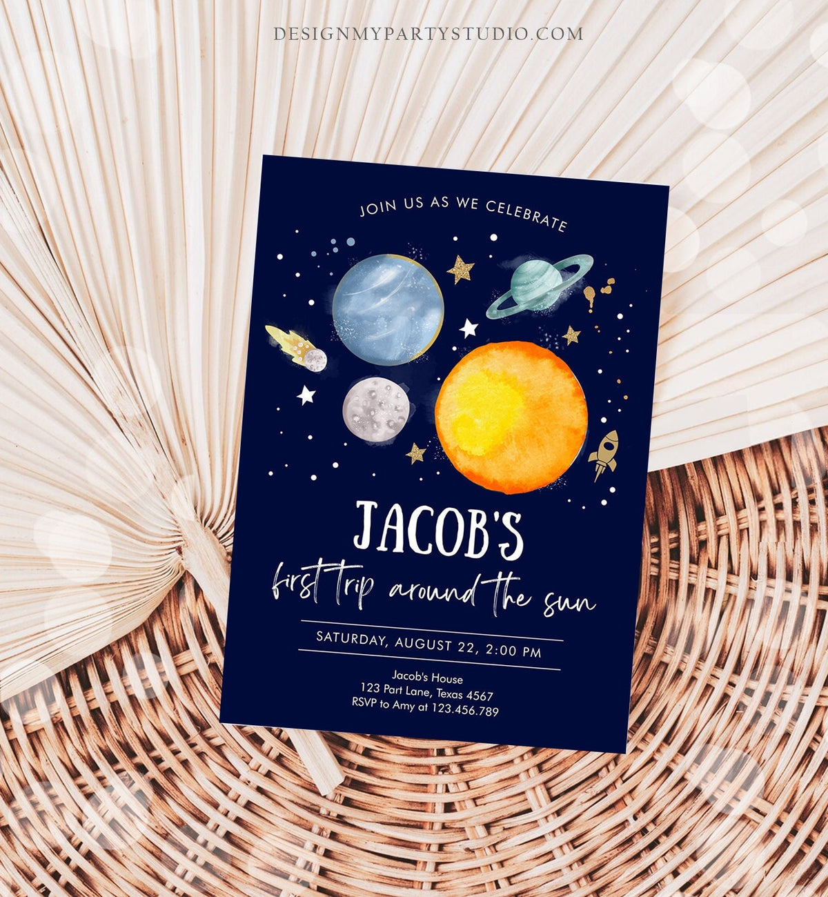 Editable Outer Space First Birthday Invitation Galaxy Blast Off First Trip Around the Sun Download Printable Template Digital Corjl 0357