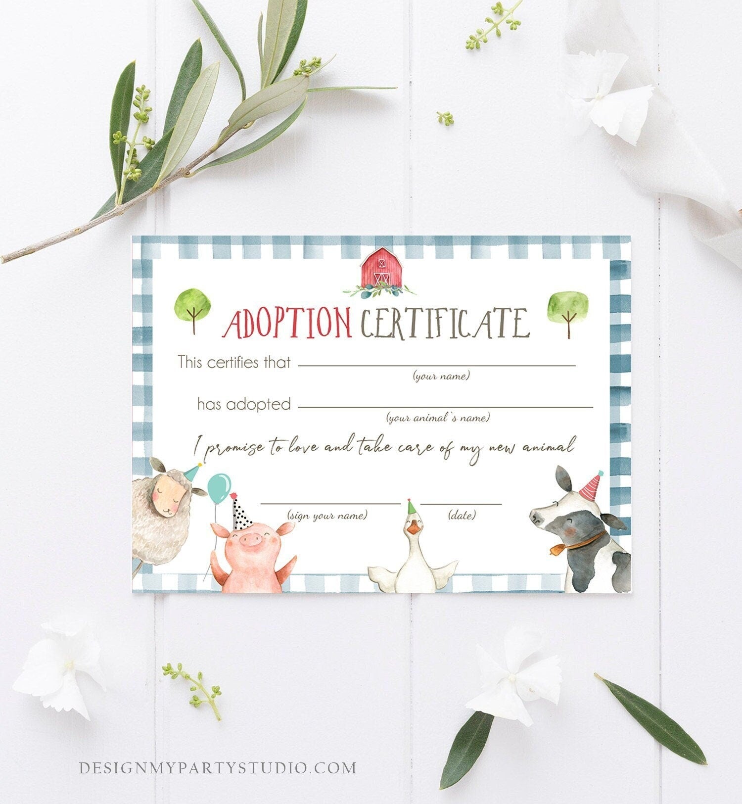 Adopt an Animal Adoption Certificate Farm Animals Adoption Red Barn Farm Birthday Party Barnyard Boy Blue Digital Download Printable 0155