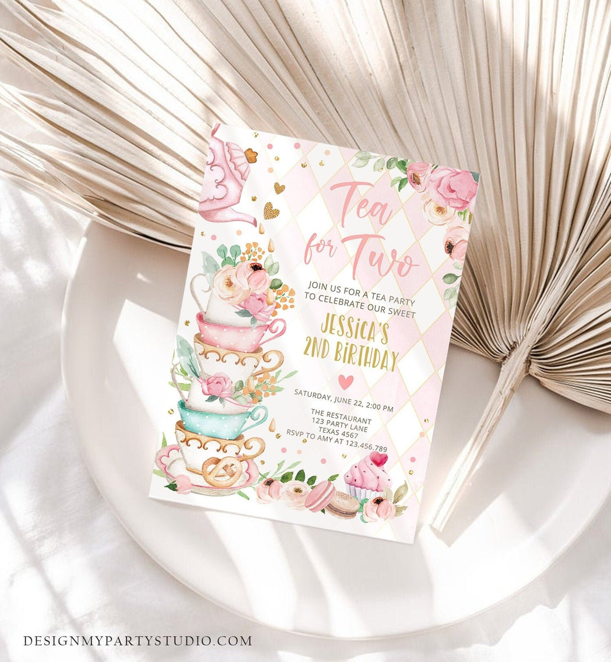 Editable Tea for Two Birthday Invitation Girl Tea Party Invite Pink Gold Floral Peach Pink Download Printable Template Corjl Digital 0349