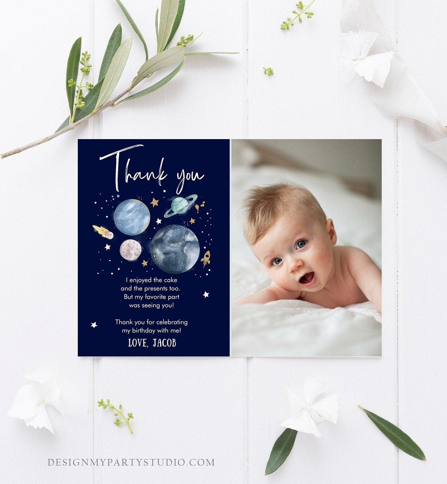 Editable Space Birthday Thank You Card Space Astronaut To the Moon Galaxy Thank You Note Download Printable Template Digital Corjl 0357