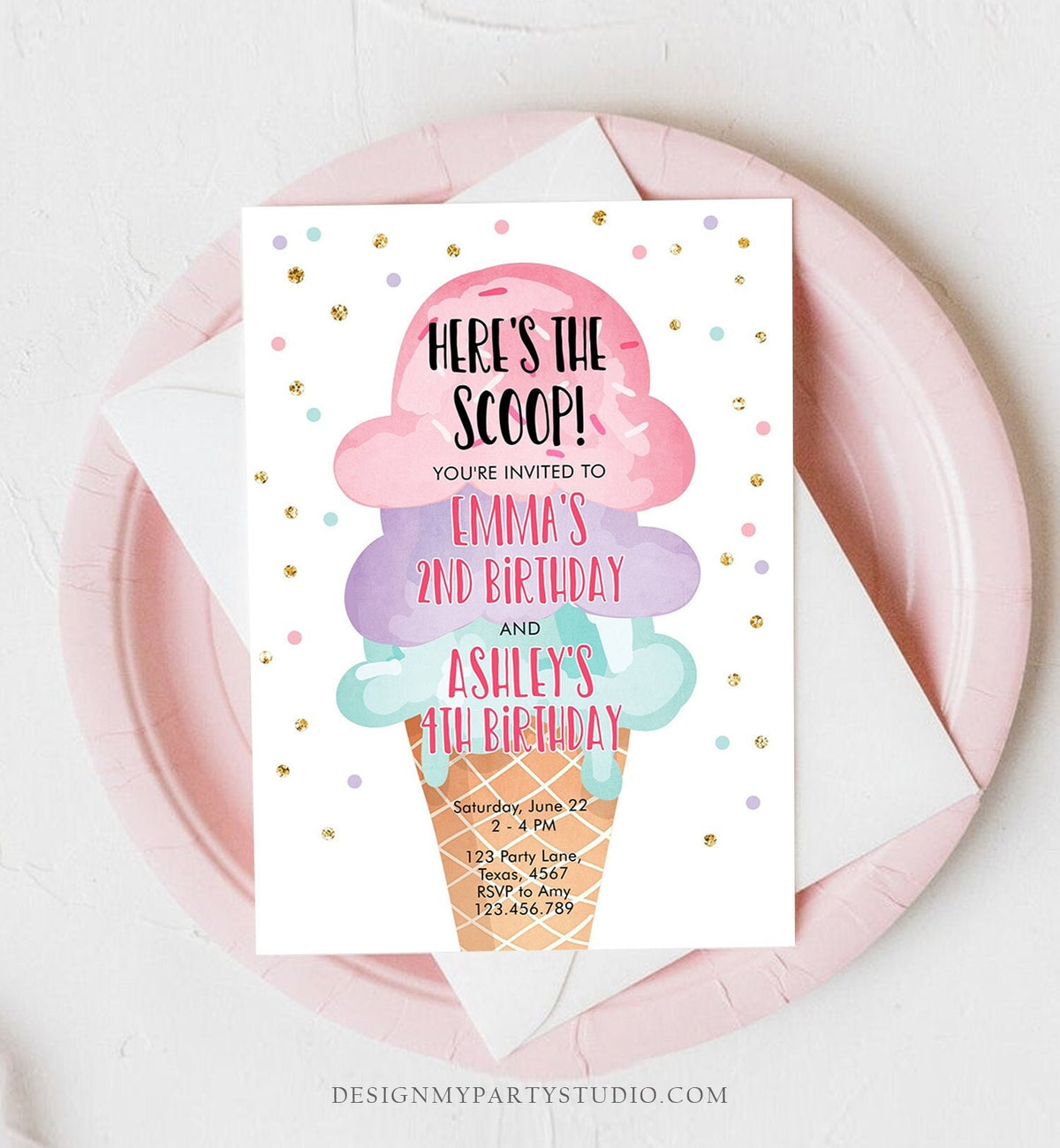 Editable Ice Cream Birthday Invitation Coed Joint Sisters Party Here&#39;s the Scoop Cone Pink Mint Gold Purple Template Corjl Printable 0243