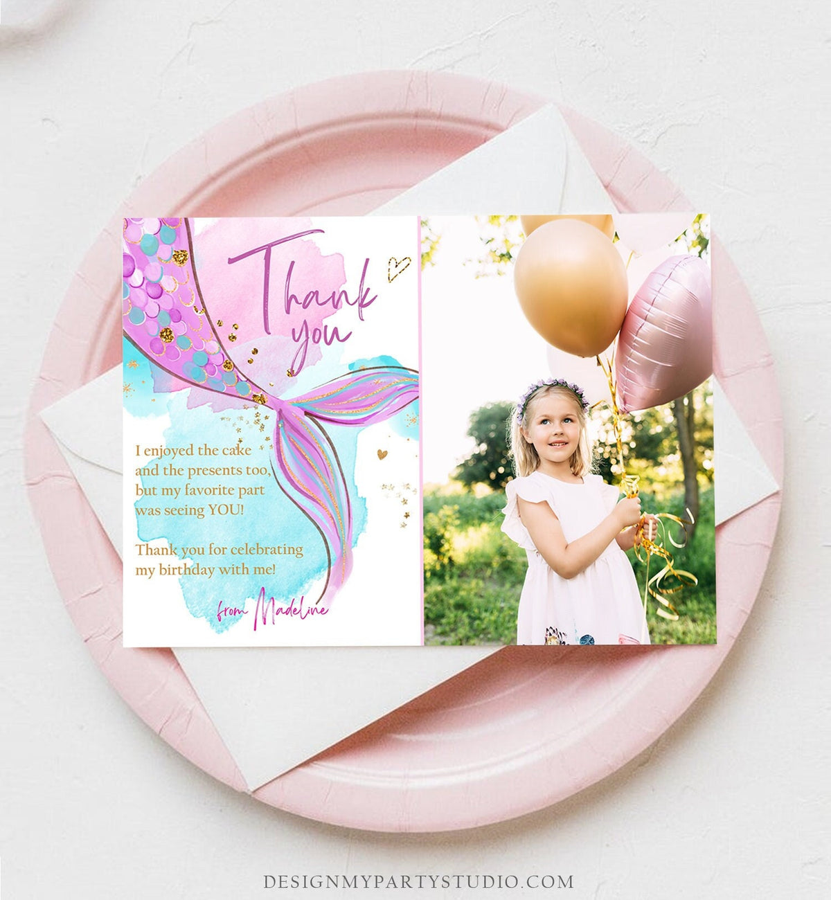 Editable Mermaid Thank You Card Girl Mermaid Birthday Party Thank You Note Purple Gold Under The Sea Printable Template Corjl Digital 0403