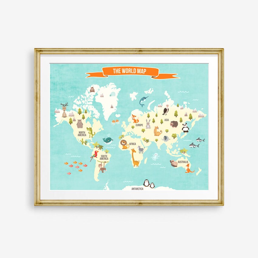 World map decal World map animals Animal World poster Map Compassion World Map Wall decal Kids room Nursery decor Digital PRINTABLE