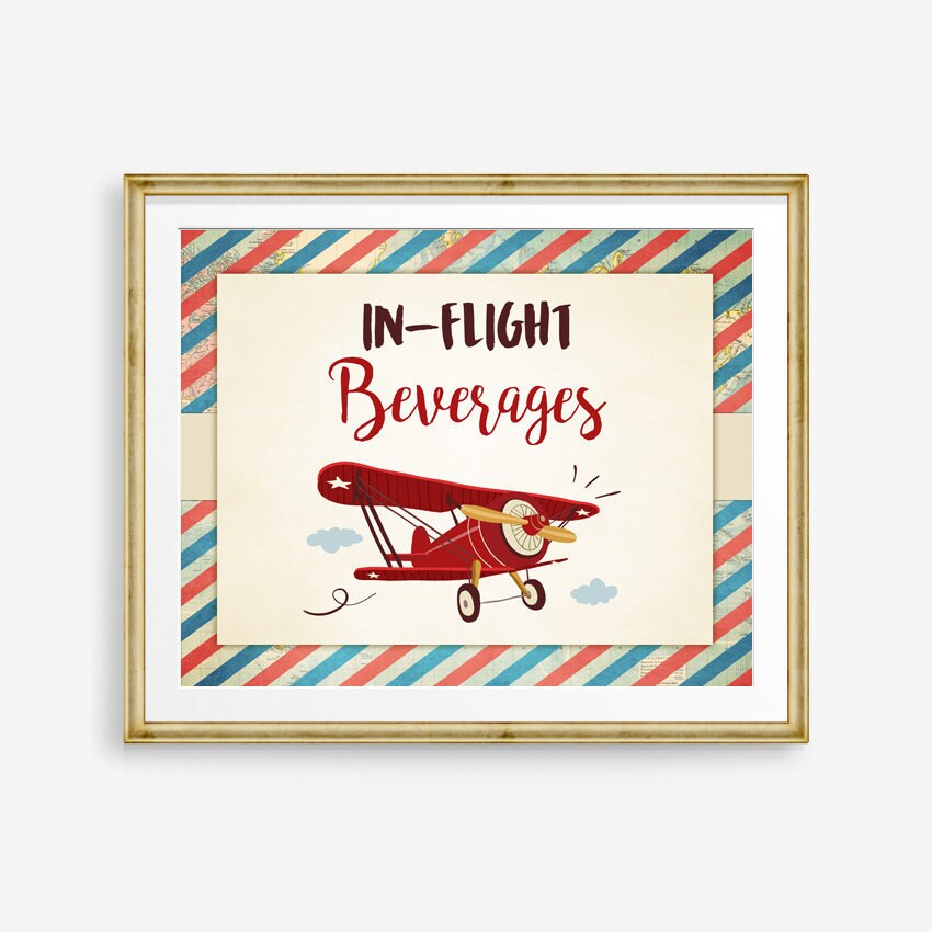 In flight beverages Sign Airplanes birthday party sign Vintage Around the World Travel Adventure Baby shower Airplane theme PRINTABLE 0011