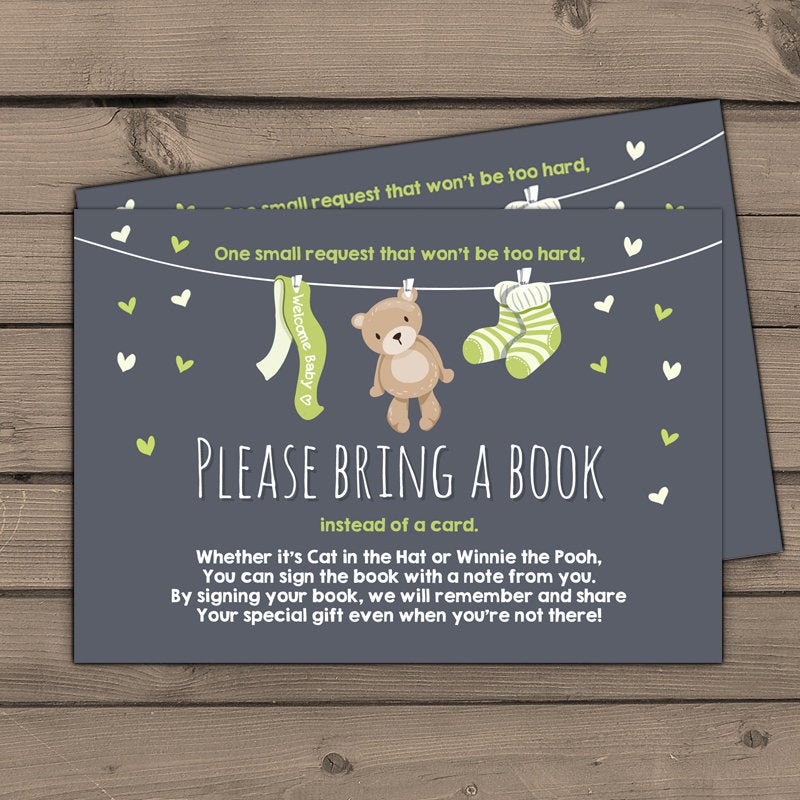 Baby shower Bring a book card Teddy bear Boy Baby shower Teddy bear Book insert Book card Teddy bear Bring a book Green brown PRINTABLE 0025