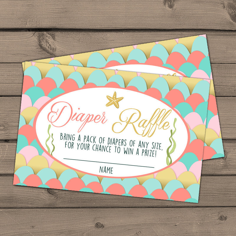 Baby shower Diaper raffle card Mermaid Baby shower game Mermaid Diaper raffle ticket Pink Coral gold Under the sea DIY Printable 0021