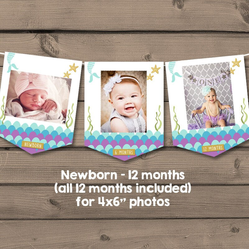 Mermaid First birthday banner Monthly Photo Banner Mermaid Banner Birthday Mermaid party decor Purple and Gold Turquoise PRINTABLE 0021