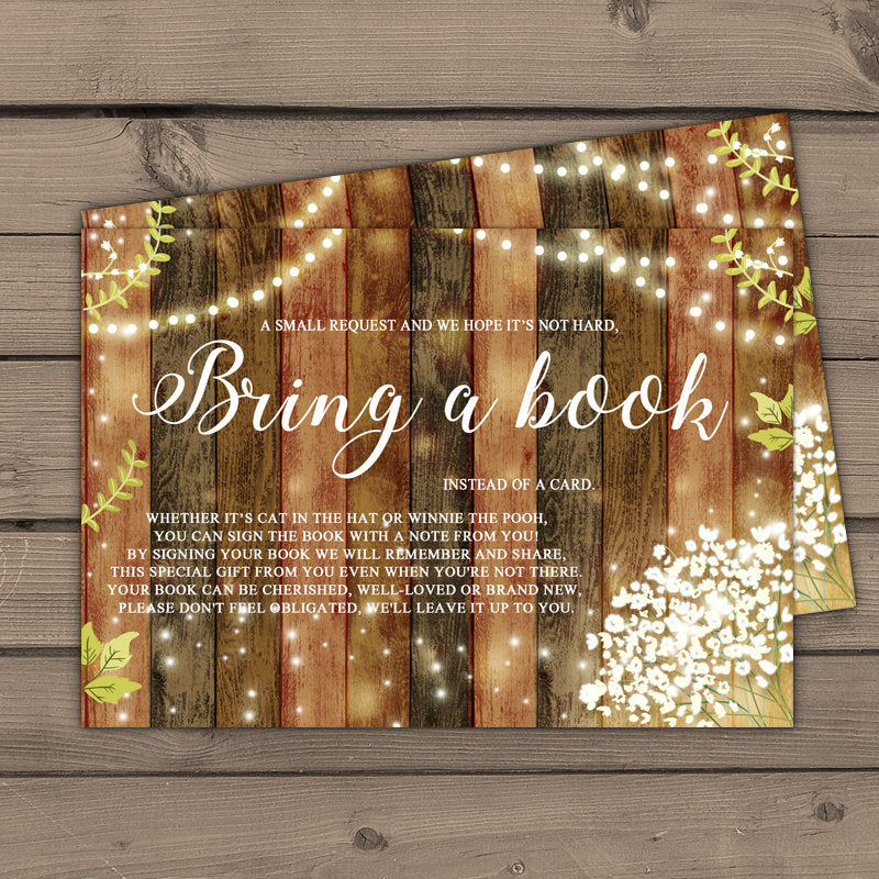 Baby Shower Bring a book String lights Rustic Baby shower Wood rustic Book insert Books for baby Baby&amp;#39;s breath PRINTABLE Instant download