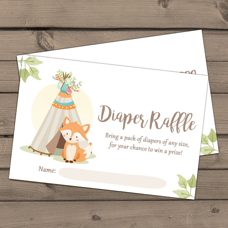 Woodland Baby shower Diaper raffle card Fox Baby shower game Teepee Diaper raffle ticket Boho Pow wow Baby shower arrows DIY Printable 0052