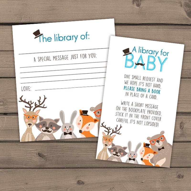 Bring a Book Instead of a Card Woodland Baby Shower Bookplate Book inserts Book cards Book request Baby boy Blue PRINTABLE  Download 0010