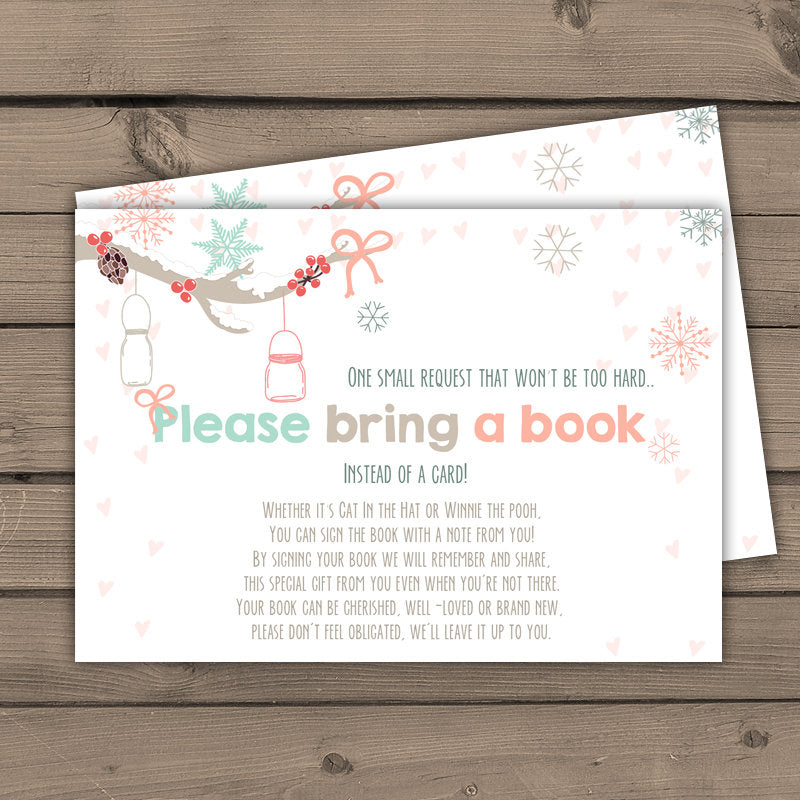 Baby shower Bring a book card Baby it’s cold outside Snowflakes hearts Gender neutral shower winter Mason jars Holiday DIY PRINTABLE 0054