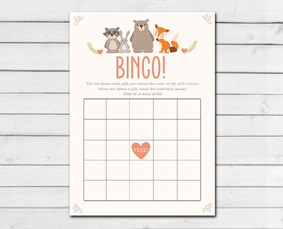 Woodland Baby Shower Bingo Game Cards Woodland Animals Forest Animals Raccoon Rabbit Bear Fox Gender Neutral Printable Instant Download 0010