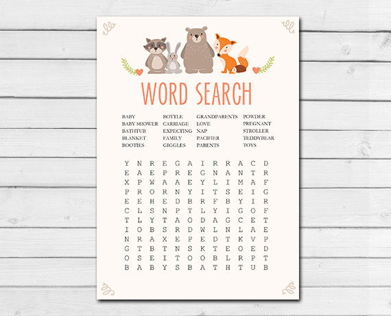 Woodland Baby Shower Word Search Game Cards Woodland Animals Forest Animals Raccoon Rabbit Bear Fox Printable Instant Download 0010