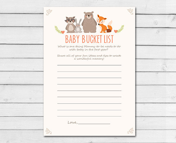 Woodland Baby Shower Baby Bucket List Game Cards Woodland Animals Forest Animals Raccoon Rabbit Bear Fox Printable Instant Download 0010