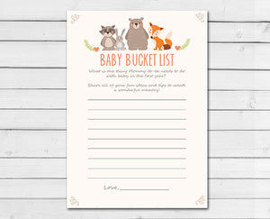 Woodland Baby Shower Baby Bucket List Game Cards Woodland Animals Forest Animals Raccoon Rabbit Bear Fox Printable Instant Download 0010