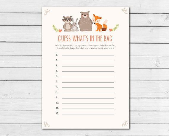 Woodland Baby Shower What&#39;s in the Bag Diaper Cards Woodland Animals Forest Animals Raccoon Rabbit Bear Fox Printable Instant Download 0010