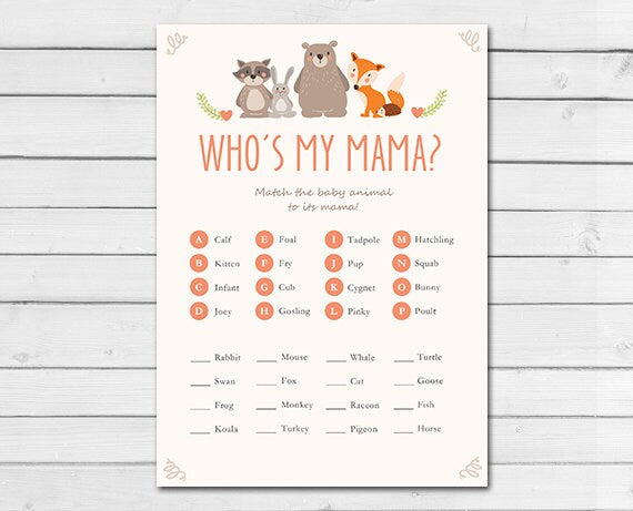 Woodland Baby Shower Name the Baby Animals Game Card Woodland Animals Forest Animals Raccoon Rabbit Bear Fox Printable Instant Download 0010